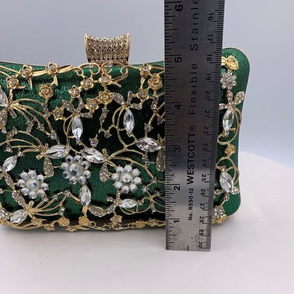 Purse/clutch/bag, deep emerald green, gold metal with crystals, hand or shoulder - Picture 6 of 16